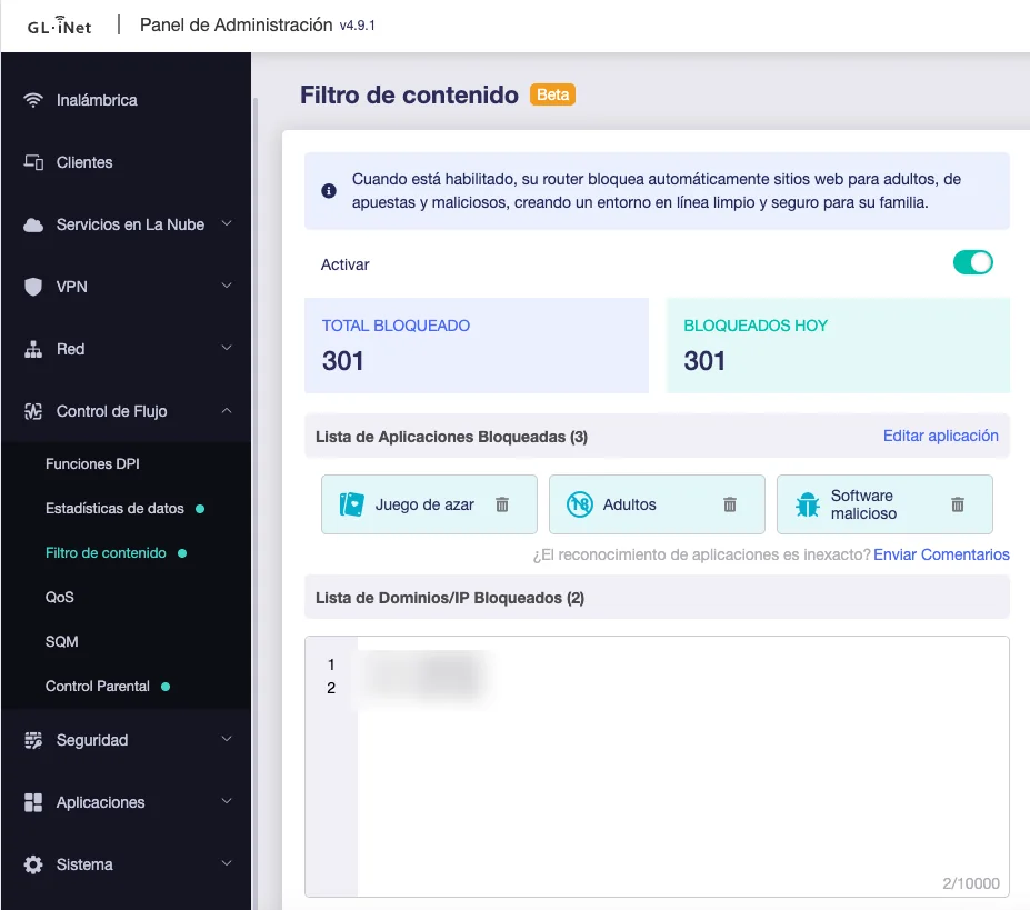 Filtro de contenido de GL.iNet con varias categorías de bloqueo activadas
