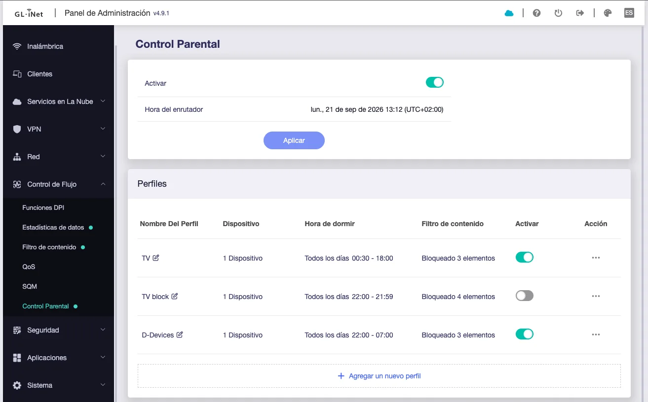 Perfiles de Control Parental configurados en el panel de administración de GL.iNet