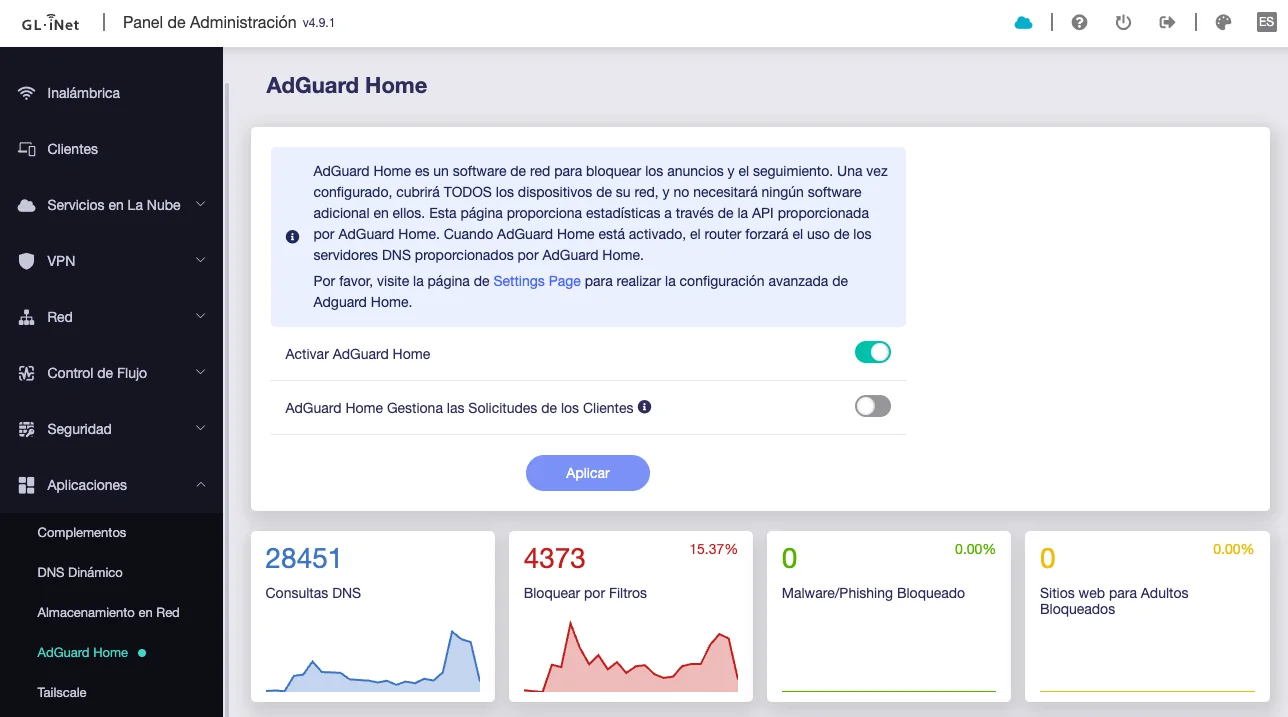 AdGuard Home activado desde el panel de administración de GL.iNet