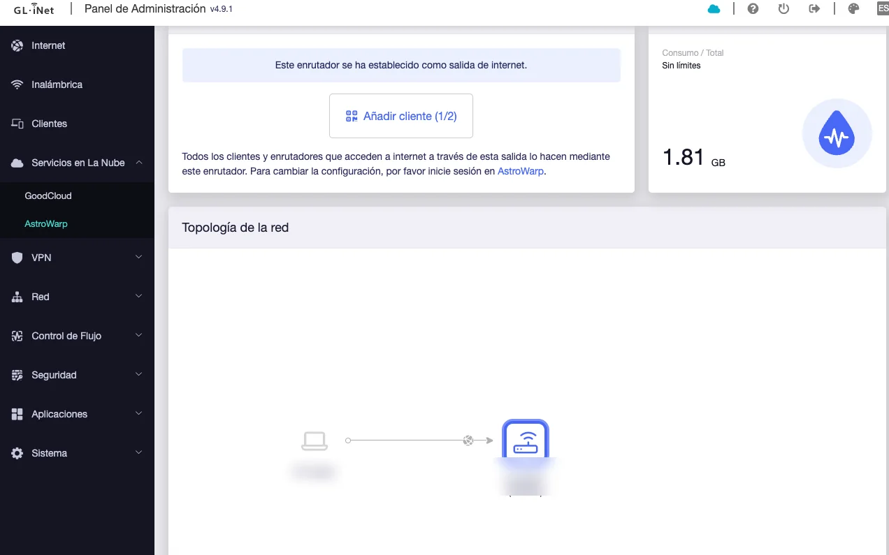 Topología de un dispositivo utilizando AstroWarp en GL.iNet