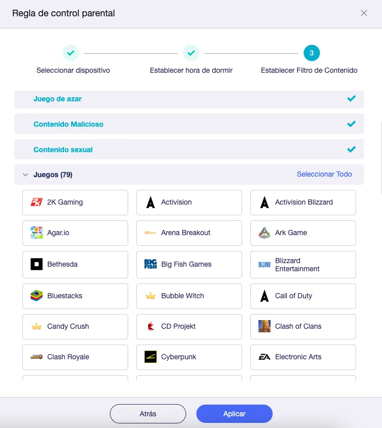 Configuración de una regla de Control Parental con categorías y aplicaciones concretas