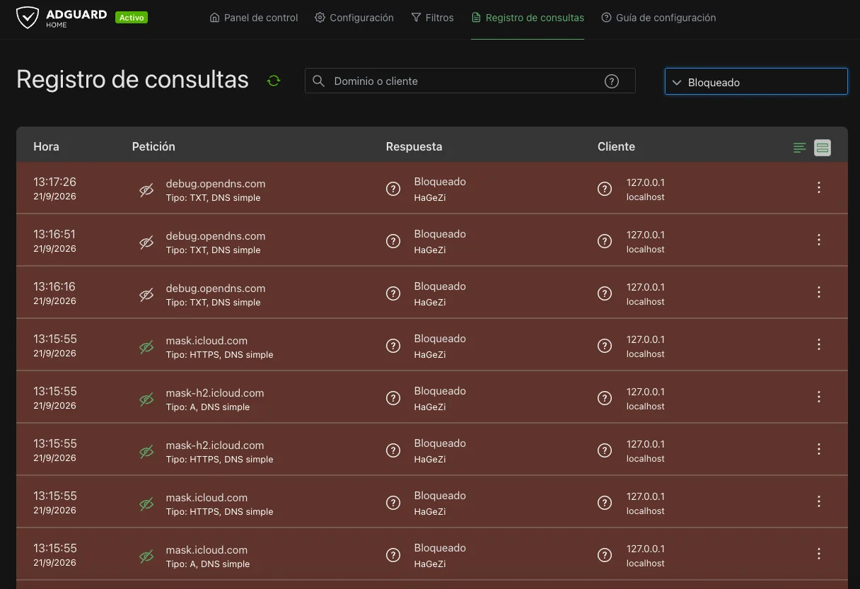 Registro de consultas bloqueadas en AdGuard Home