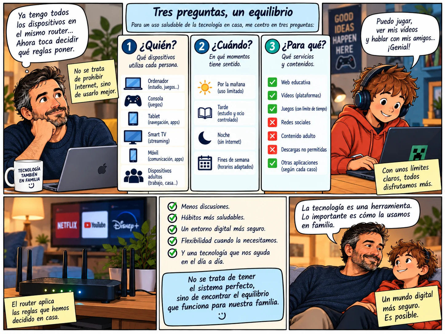 Cómic sobre cómo organizar el control parental a partir de tres preguntas: quién utiliza cada dispositivo, cuándo puede conectarse y para qué