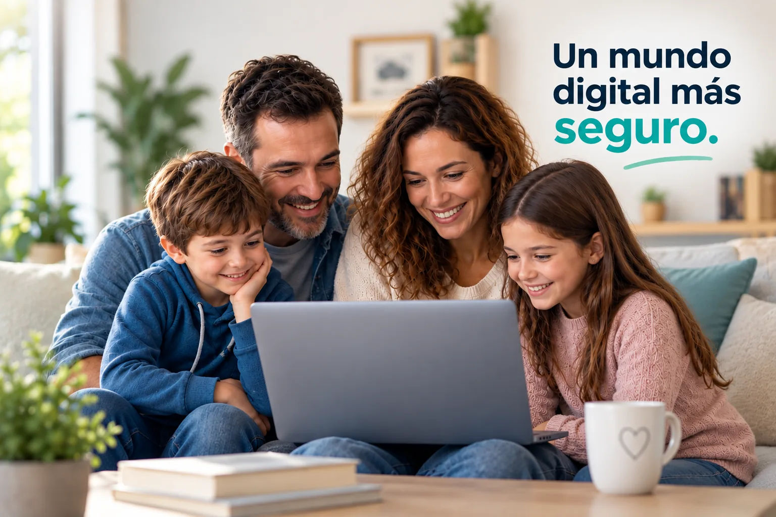 Familia compartiendo un momento frente a un ordenador con el mensaje Un mundo digital más seguro
