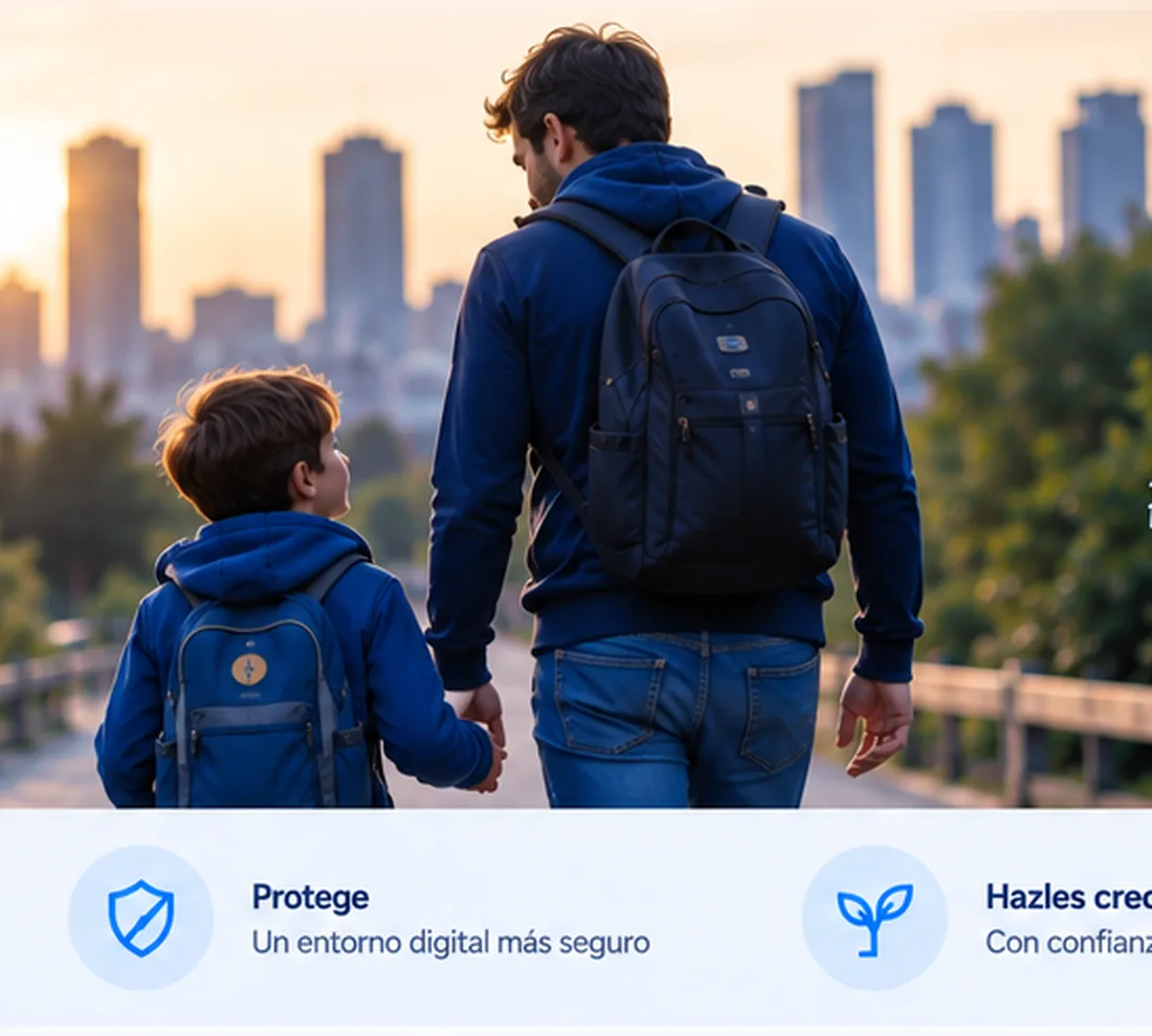 Un padre acompañando a su hijo por un camino al atardecer