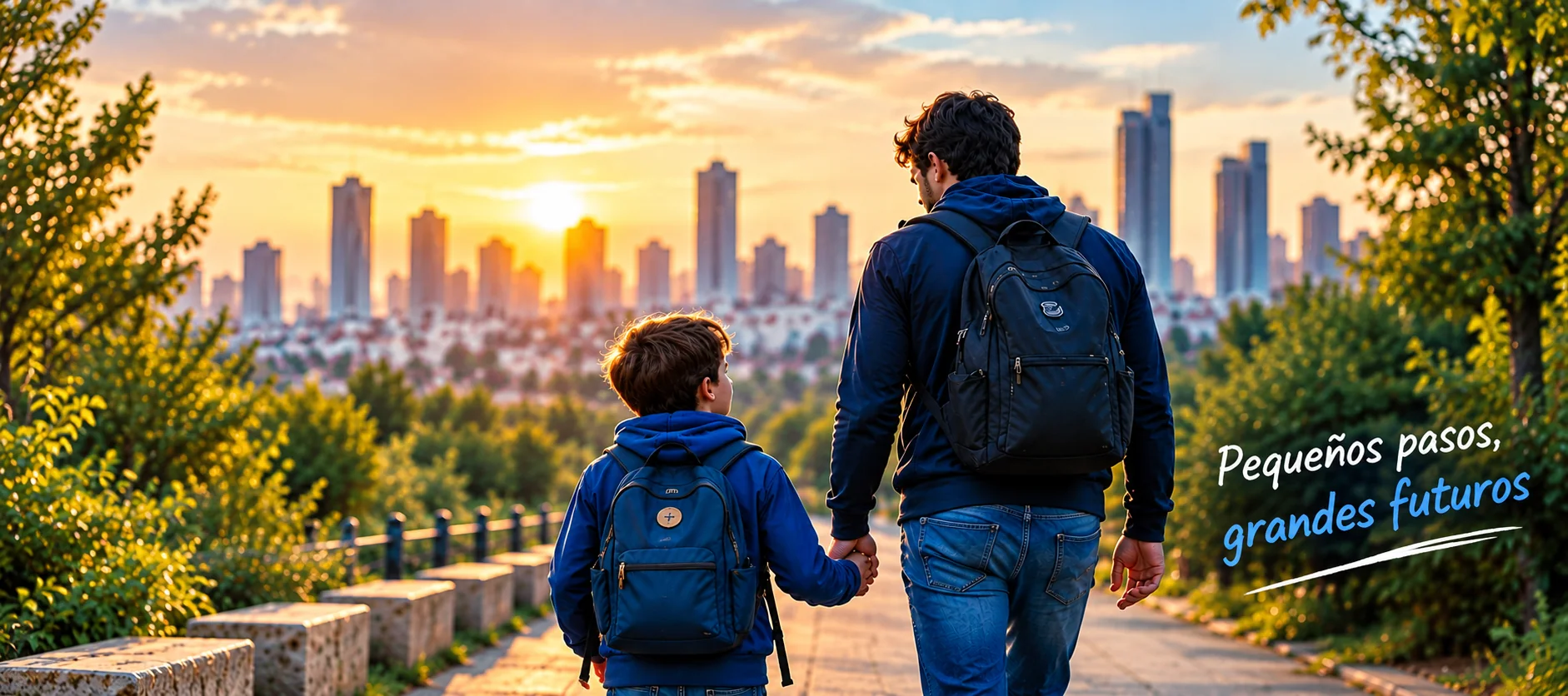 Un padre acompañando a su hijo por un camino al atardecer